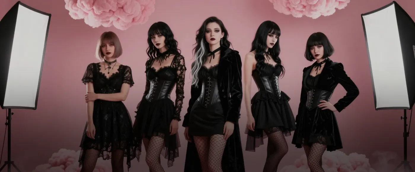 黒いドレスを着た5人のゴス系ヤンデレAI彼女